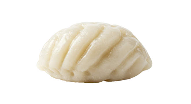 Close up shot of a single white dumpling with visible ridges against a black background on transparent background