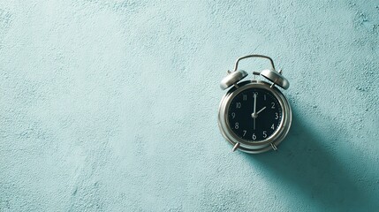 Vintage alarm clock on textured blue surface, minimalist pastel aesthetic with soft shadows.