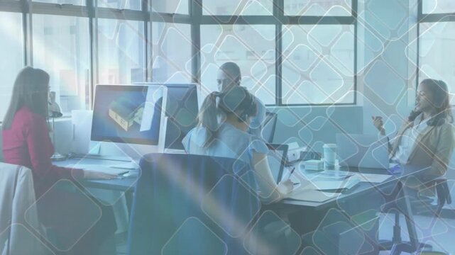 Headset adjusting starting business meeting as team pointing 3D model jotting notes handling calls