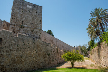 The Palace of the Grand Masters, Rhodes, Greece. Castle wall in Rhodes Greece with Blue Sky