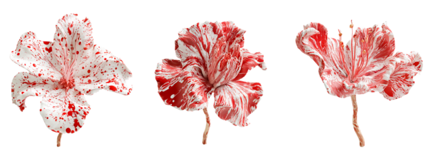 Three speckled red and white flower leaves isolated on transparent background