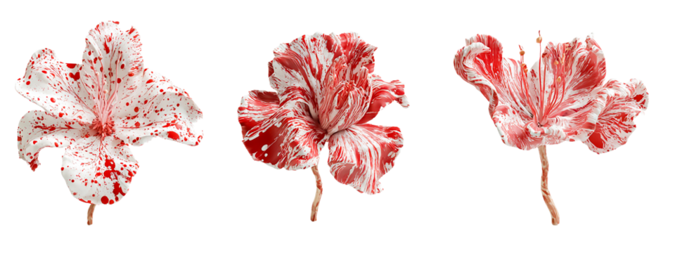 Three speckled red and white flower leaves isolated on transparent background