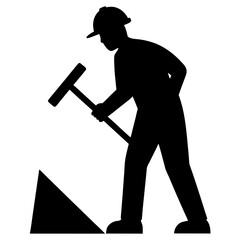 Silhouette of a construction worker wearing a hard hat digging with a shovel isolated on transparent background silhouette