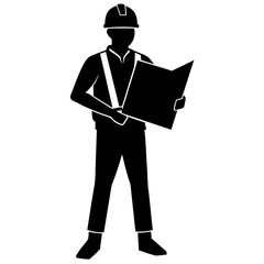 Construction worker in hard hat and safety vest holding a blueprint document silhouette isolated on transparent background