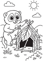 Coloring book  slow loris building a small hut with big leaves and sticks.