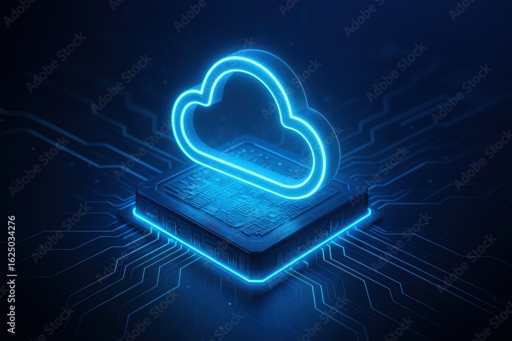 Poster digital cloud data storage: a luminous cloud icon sits atop a digital processor, its lines and circu