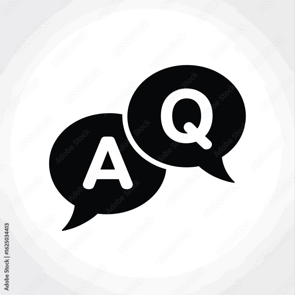 Poster simple black and white icon representing questions and answers with speech bubbles