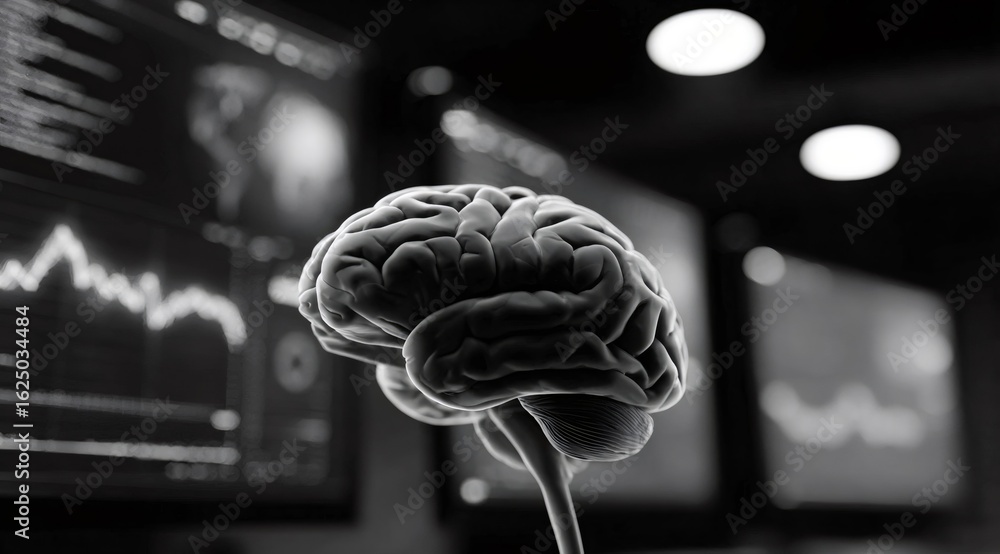 Poster human brain representation in a dark room with data screens. concept of artificial intelligence and 