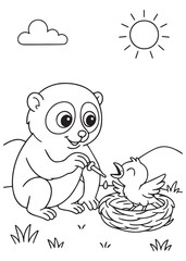 Coloring book slow loris feeding a baby bird in a nest.