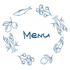 Mediterranean Menu Frame Vector, Seafood and Citrus Decorative Border, Minimalist Menu Design with Seafood Illustrations