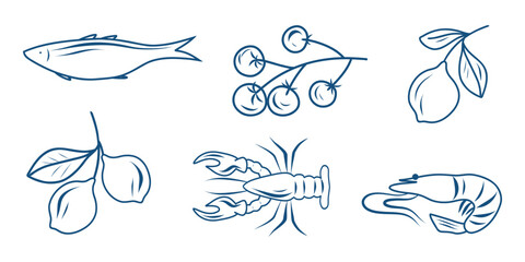 Mediterranean Food Icon Set, Seafood Illustrations, Minimal Food Icons, Mediterranean Style
