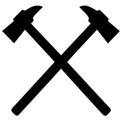 Two crossed hammers silhouette symbol representing mining or construction isolated on transparent background