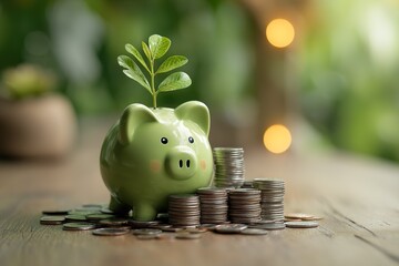 Green piggy bank with coins and a sprouting plant symbolizes saving and growth in finance