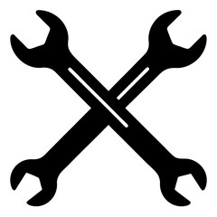 Two black wrenches crossed in a silhouette style isolated on transparent background