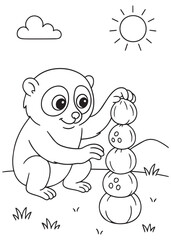 Coloring book slow loris stacking round stones in a field.