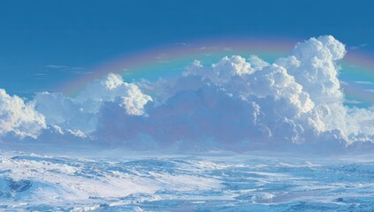 Panoramic winter landscape with a vibrant rainbow arching over puffy white clouds against a vivid blue sky