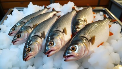 Freshly Caught Fish Displayed on Ice Awaiting Preparation and Cooking