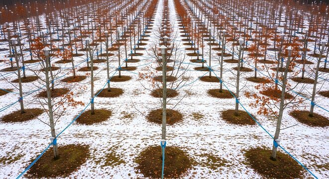 Aerial view of a maple tree nursery with snow spile, winter maple farm