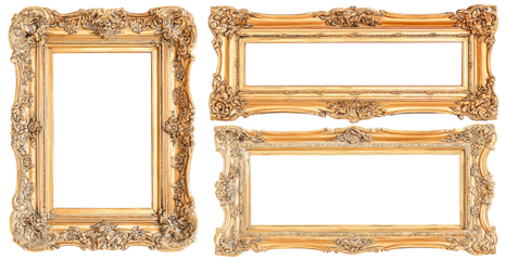 Ornate golden picture frames isolated on transparent background