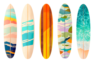 Collection of colorful surfboards isolated on transparent background