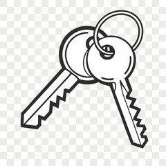 Two keys attached to a ring in black and white isolated on white background