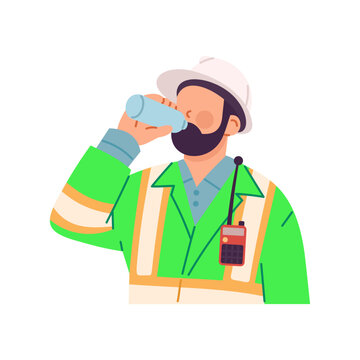 Construction worker drinking bottled water during hot summer to avoid dehydration and prevent heat exhaustion. Flat vector illustration, cartoon style isolated on white background