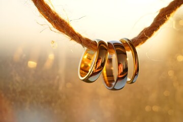 Three shiny golden wedding rings hanging from a thick, natural fiber rope, symbolizing commitment, unity,
