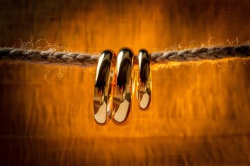 Three shiny golden wedding rings hanging from a thick, natural fiber rope, symbolizing commitment, unity,