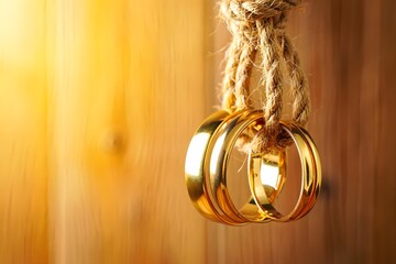 Three shiny golden wedding rings hanging from a thick, natural fiber rope, symbolizing commitment, unity,