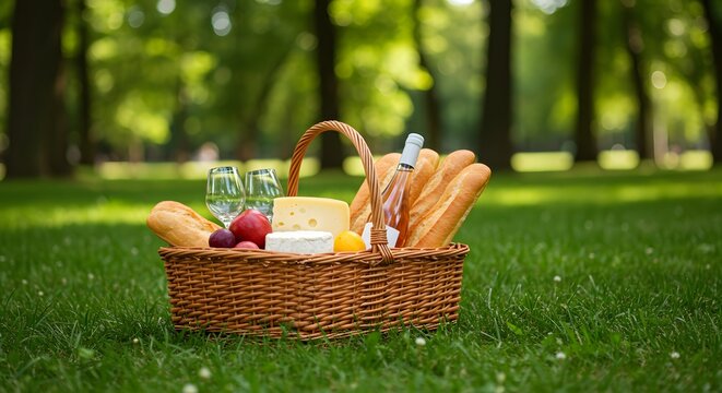 Picnic Basket in the Park: A charming picnic basket brimming with gourmet delicacies, wine glasses, and a bottle of wine rests gracefully on a vibrant green lawn. - Powered by Adobe