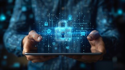 Fototapeta premium Cyber security concept showing a digital padlock over a tablet screen