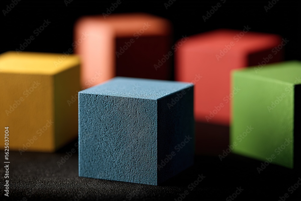 Poster colorful geometric blocks create a striking visual display against a dark backdrop in a creative arr