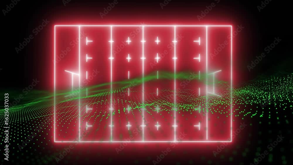 Poster red neon lines emerging from void forming neon frame over waving green grid visualizing data flow
