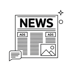 Simple line art icon of a newspaper with the word news and ads