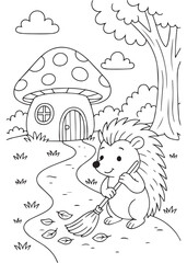 Coloring book hedgehog sweeping leaves in front of a mushroom house.