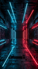 Futuristic neon tunnel with red and blue lights reflecting on wet floor