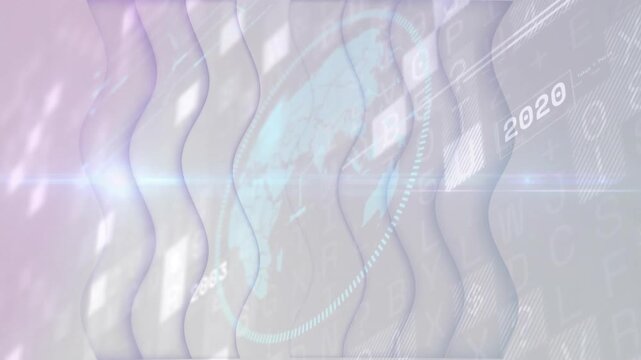 Timeline flickering, cyan shape emerging, arc rotating and labels sliding visualizing data