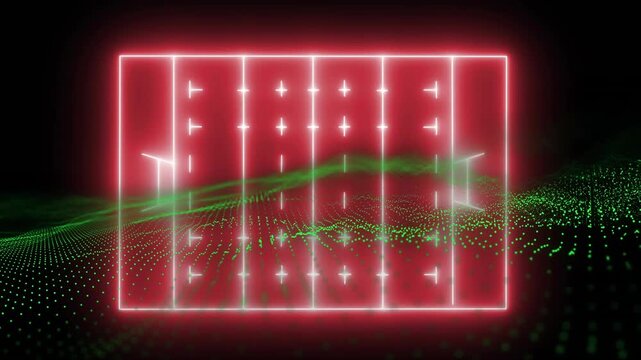 Red neon lines emerging from void forming neon frame over waving green grid visualizing data flow