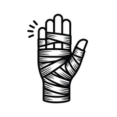 Hand wrapped in white bandages with a small sparkle icon indicating injury