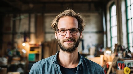 Fototapeta premium Entrepreneur standing in a studio, embodying creativity and innovation with natural lighting.