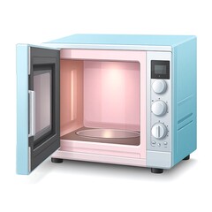 Fototapeta premium A light blue retro-style microwave oven with its door open, showcasing the empty interior and illuminated cavity.