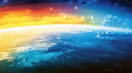 Obraz premium Vibrant Landscape of Earth Viewed from Space with Colorful Sunrise Over Blue Oceans and Clouds Above the Atmosphere