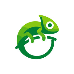 A vibrant green chameleon perched on a circular branch, symbolizing adaptability in nature