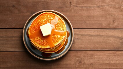 breakfast rustic butter syrup pancakes copy space top down flat lay wooden table
