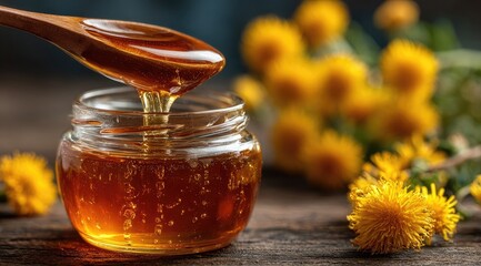 Golden honey pours from spoon into jar, near yellow flowers