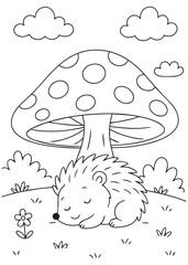 Coloring book hedgehog sleeping peacefully under a big mushroom.