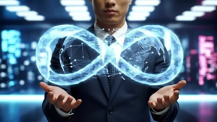 Businessman presents global network infinity loop in futuristic office - Powered by Adobe