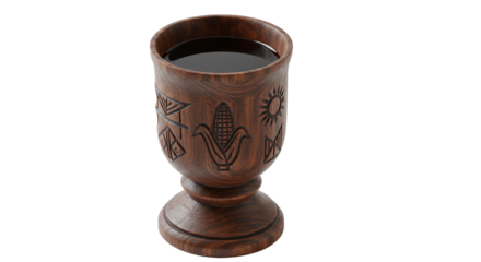 A carved wooden goblet filled with a dark liquid displaying cultural symbols on a black background on transparent background