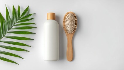 Flat lay of a white plastic bottle and wooden brush, alongside a palm leaf