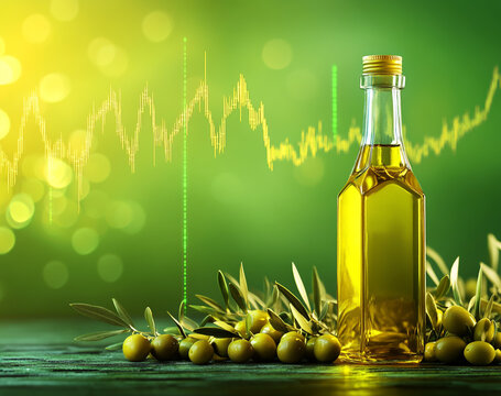 Financial growth concept with olive oil bottles and olives climbing a green stock chart